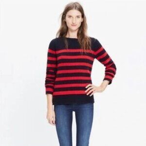 Madewell Womens M Striped Sweater 100% Merino Wool Black & Red Ribbed Button Hem